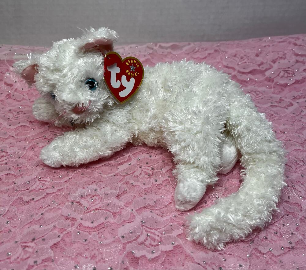 ty Beanie Baby Starlett the white cat/kitten laying down NWT retired blue eyes